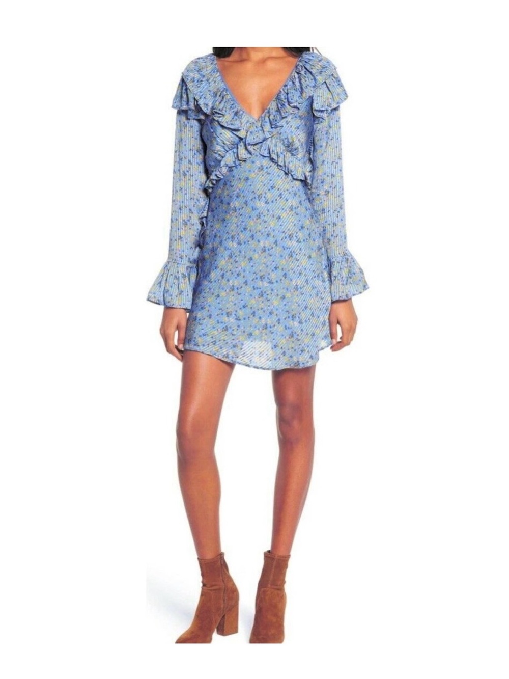 NWT Free People Light Blue Floral Ruffle V-Neck Mini Dress